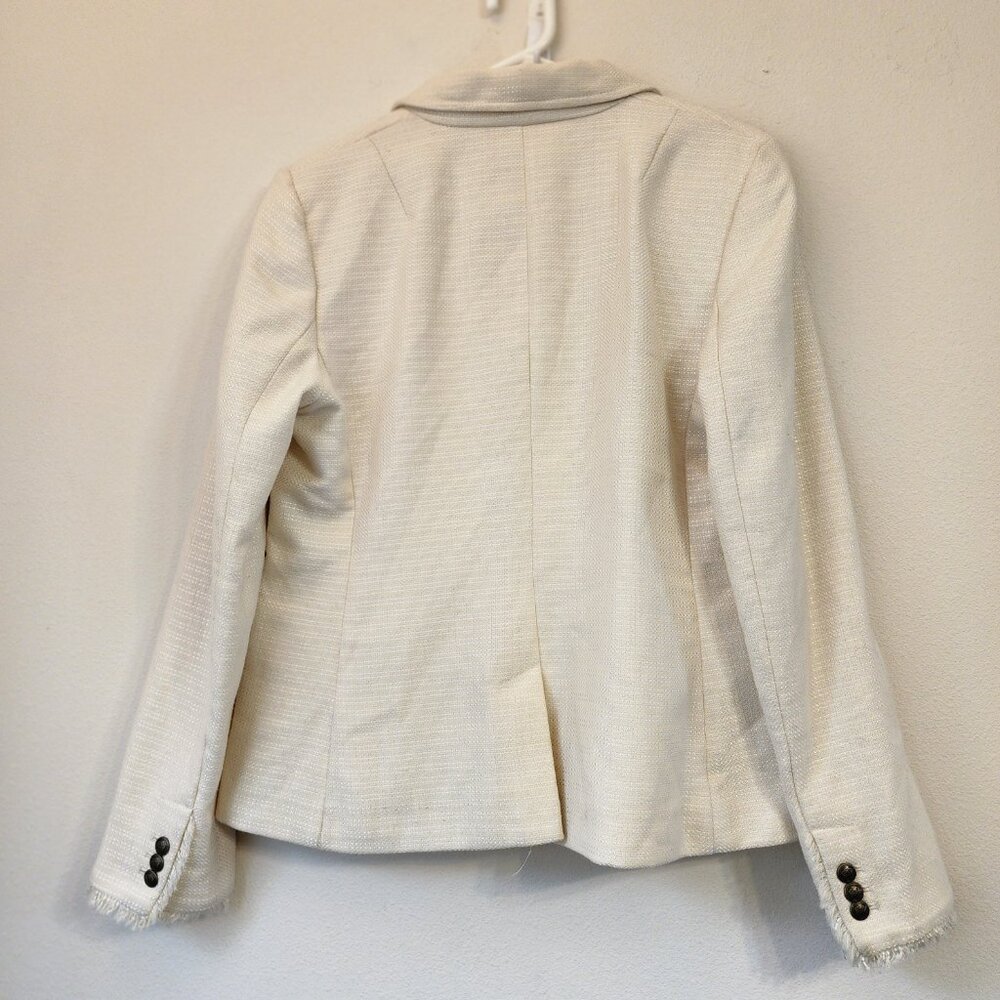 Banana Republic Ivory White Tweed Blazer with Fringe Brass Button Sz 14 Academia - Picture 9 of 16